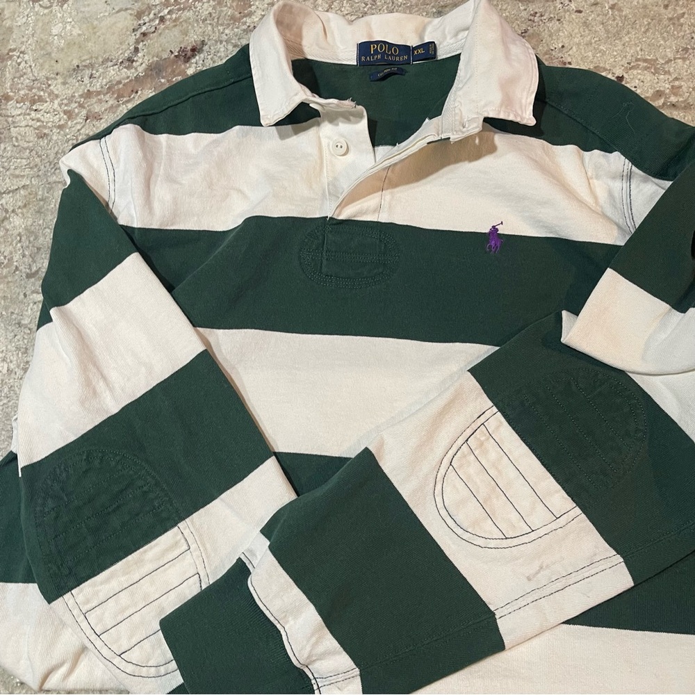 Vintage Polo Ralph Lauren Green White Stripe Mens Rugby Cotton Pullover XX-Large